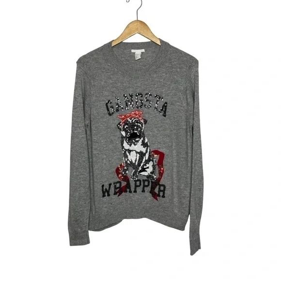 H&M Women's Medium Angora Blend Pug Dog Gangsta Wrapper Pullover Sweater Grey - Picture 1 of 11